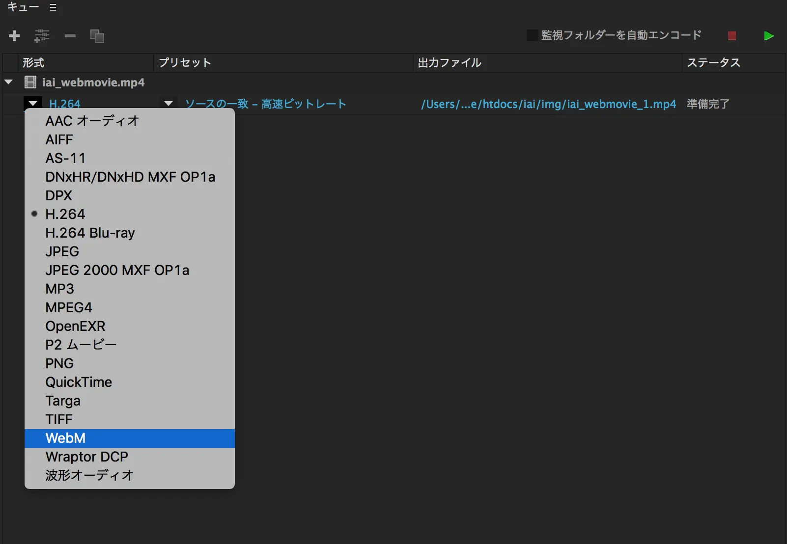 Adobe MediaEncoderにWebmが表示されました